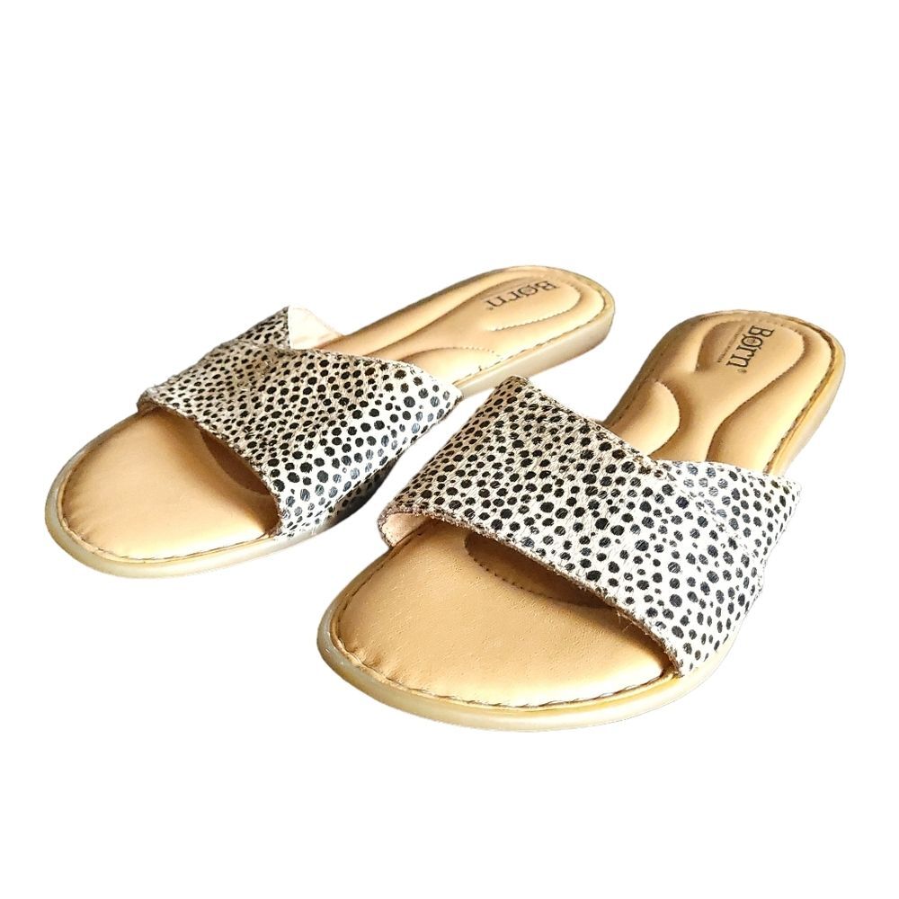 Born 'Gudena' Calf Hair Slide Sandals in Tan/Black Cheetah 8M